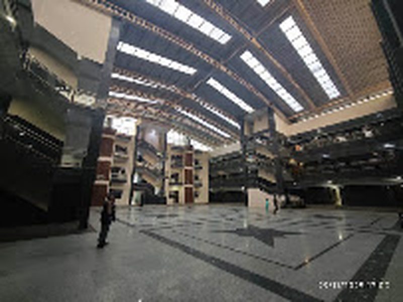 Spacious sabha hall atrium at Shri Shiv Krishna Dham pilgrim complex, Vrindavan
