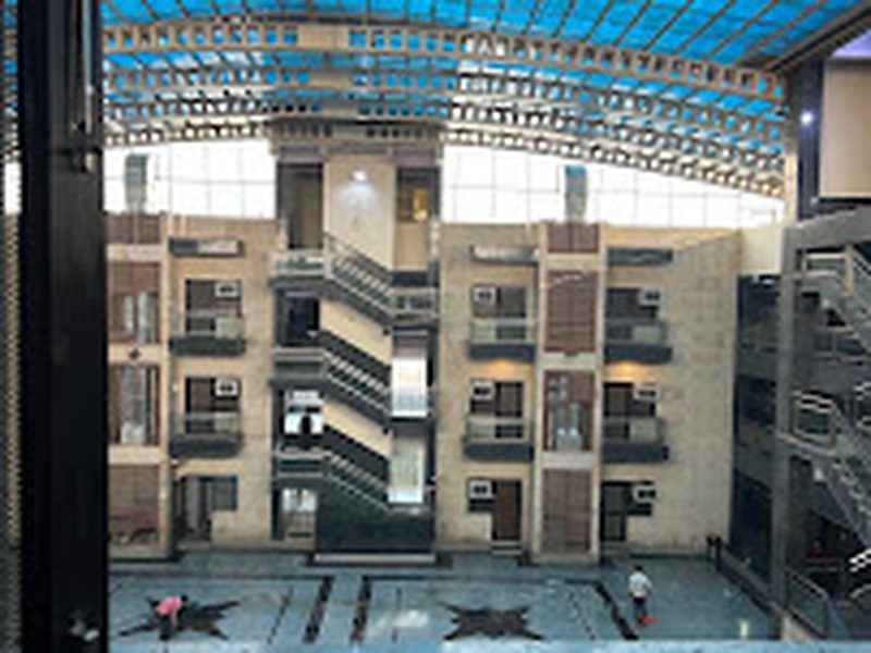 Grand multi-storey atrium with skylight roof at Shri Shiv Krishna Dham, Vrindavan