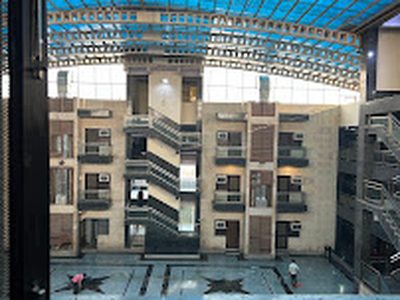 Grand multi-storey atrium with skylight roof at Shri Shiv Krishna Dham, Vrindavan