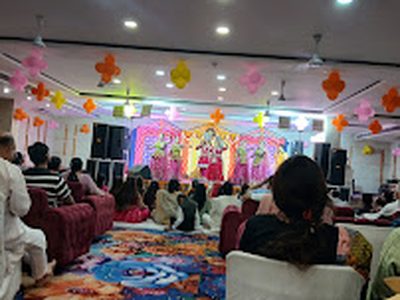 Religious function underway in the banquet hall at Shri Shiv Krishna Dham, Vrindavan